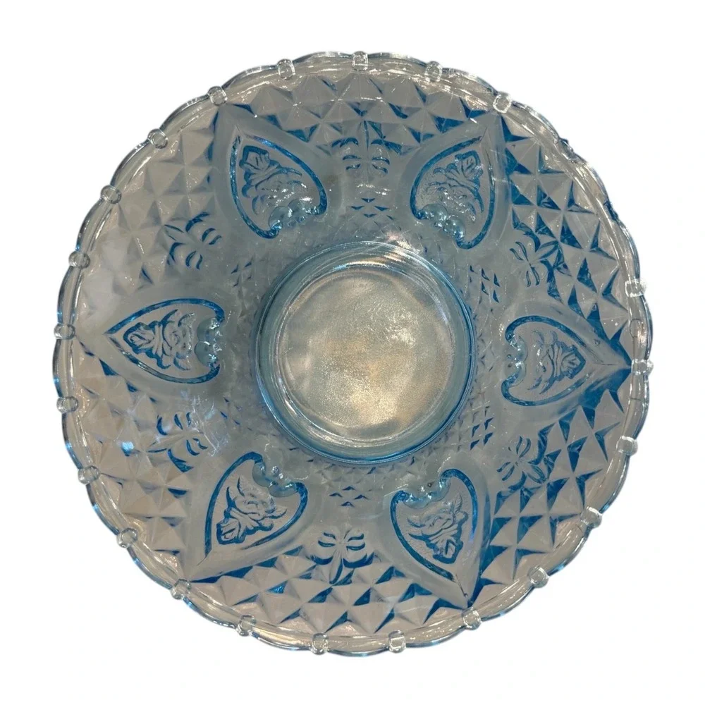 Vintage KIG Ice Blue Pressed Glass Candy Dish Heart & Rose Hearts and Flowers